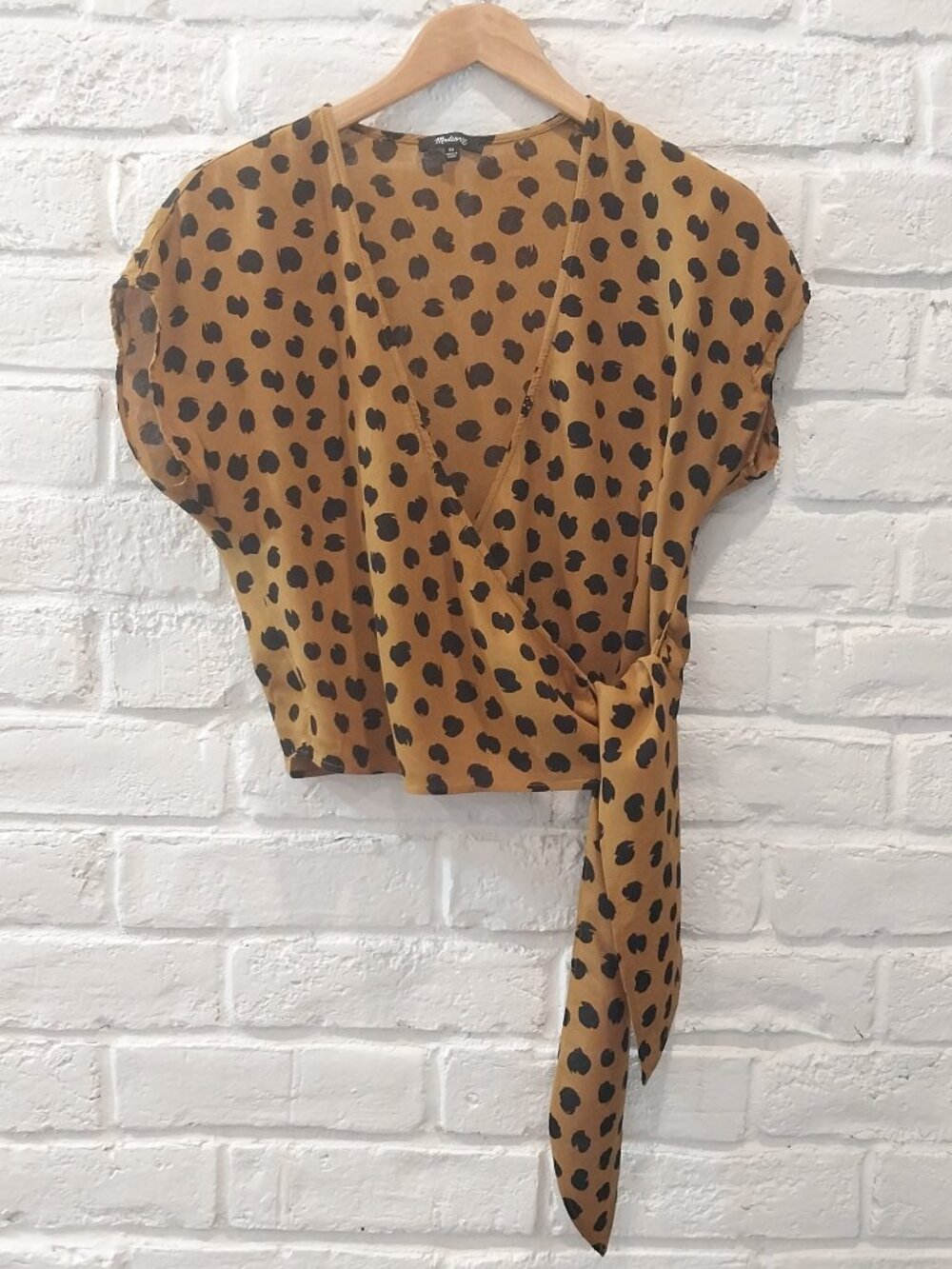 Madewell Sash Tie Wrap Top XS Yellow Mustard Black Painted Spots V Neck Blouse